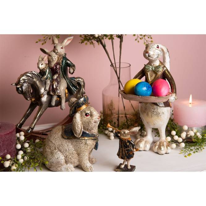Decoratiune Pasti familie 3 iepurasi pe calut balansoar, model antichizat, 30 cm