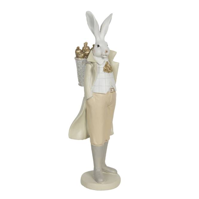 Decoratiune Pasti iepuras elegant cu cosulet cu morcovi in spate 37 cm
