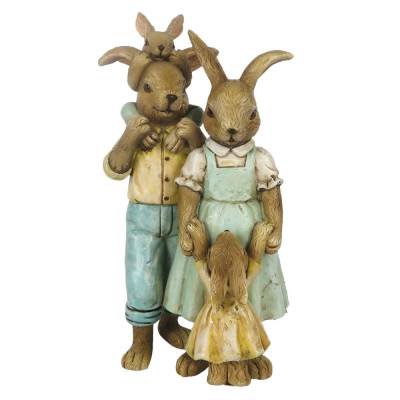 Decoratiune Pasti familie de 4 iepurasi imbracati rustic, 15 cm