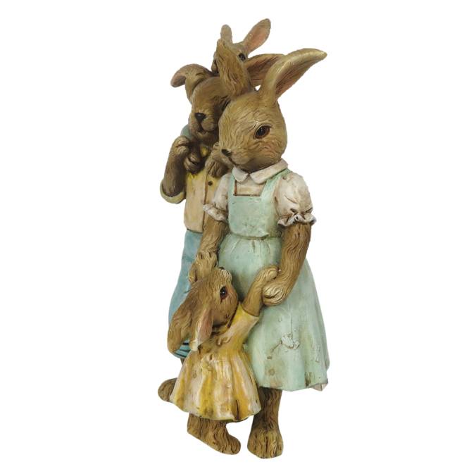 Decoratiune Pasti familie de 4 iepurasi imbracati rustic, 15 cm