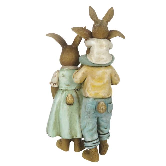 Decoratiune Pasti familie de 4 iepurasi imbracati rustic, 15 cm