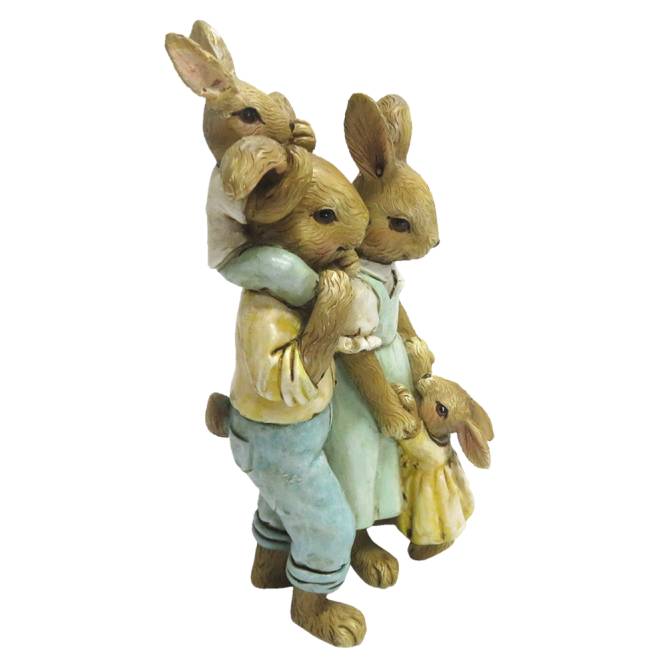 Decoratiune Pasti familie de 4 iepurasi imbracati rustic, 15 cm
