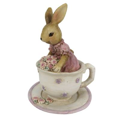Decoratiune Paste Iepuras fetita cu buchet de flori in canuta polirasina 11 cm