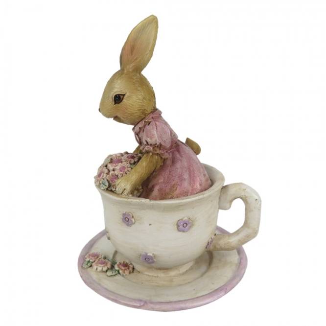 Decoratiune Paste Iepuras fetita cu buchet de flori in canuta polirasina 11 cm