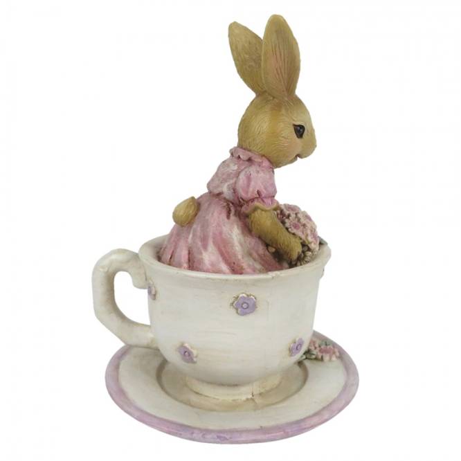 Decoratiune Paste Iepuras fetita cu buchet de flori in canuta polirasina 11 cm