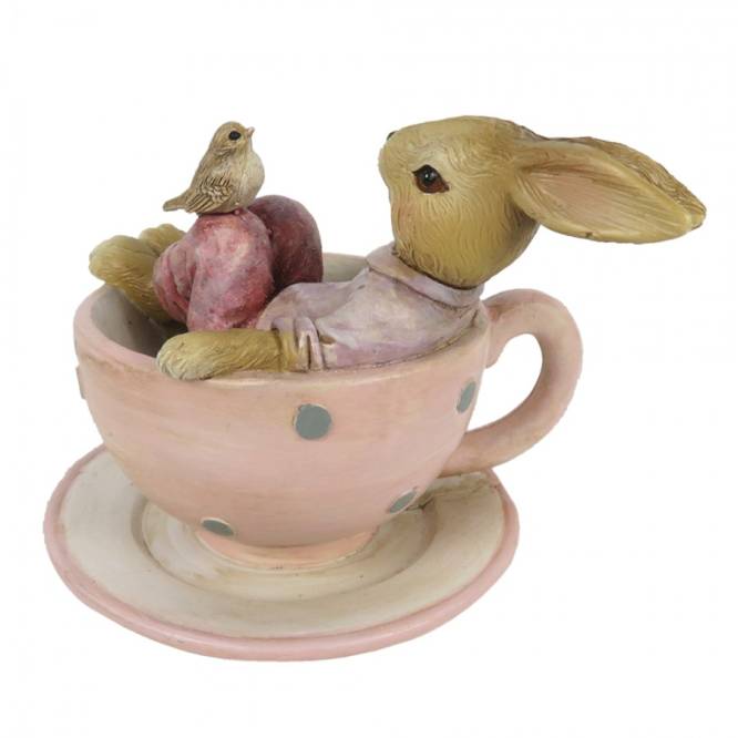 Decoratiune Paste Iepuras baietel cu pasare in canuta polirasina 10 cm