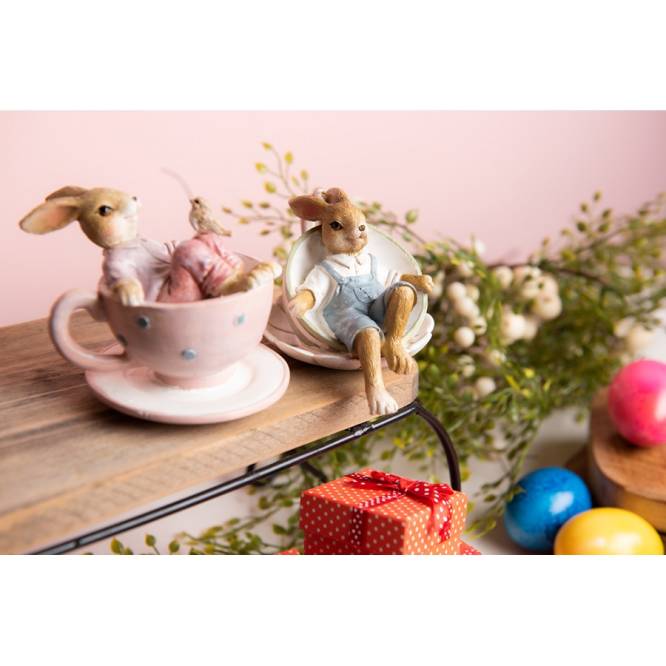 Decoratiune Paste Iepuras baietel cu pasare in canuta polirasina 10 cm
