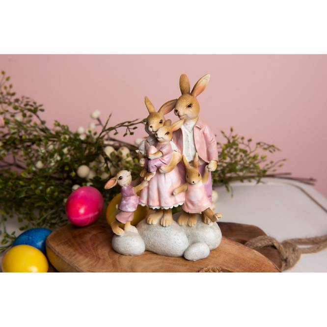Decoratiune Paste Familie de Iepurasi pe pietre polirasina 18 cm
