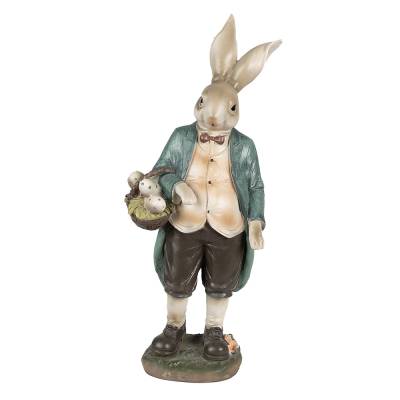 Decoratiune Pasti iepuras in costum rustic, cu cos cu oua, 38 cm