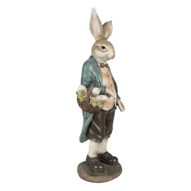 Decoratiune Pasti iepuras in costum rustic, cu cos cu oua, 38 cm