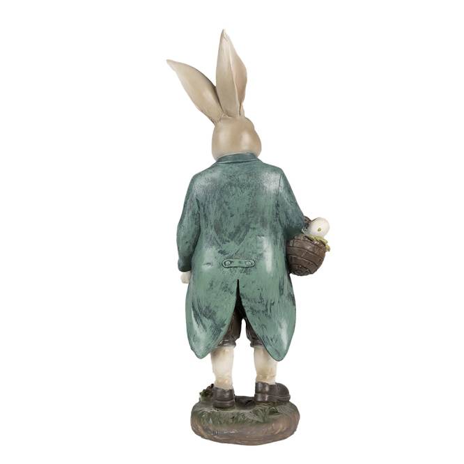 Decoratiune Pasti iepuras in costum rustic, cu cos cu oua, 38 cm