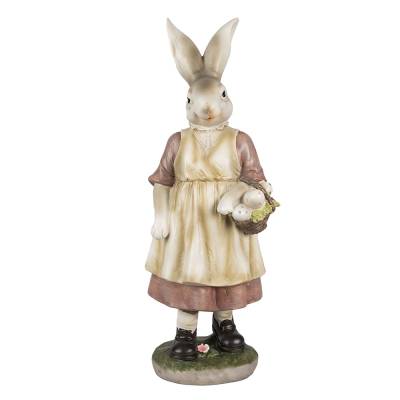 Decoratiune Pasti iepuras doamna in costum rustic, cu cos cu oua, 38 cm