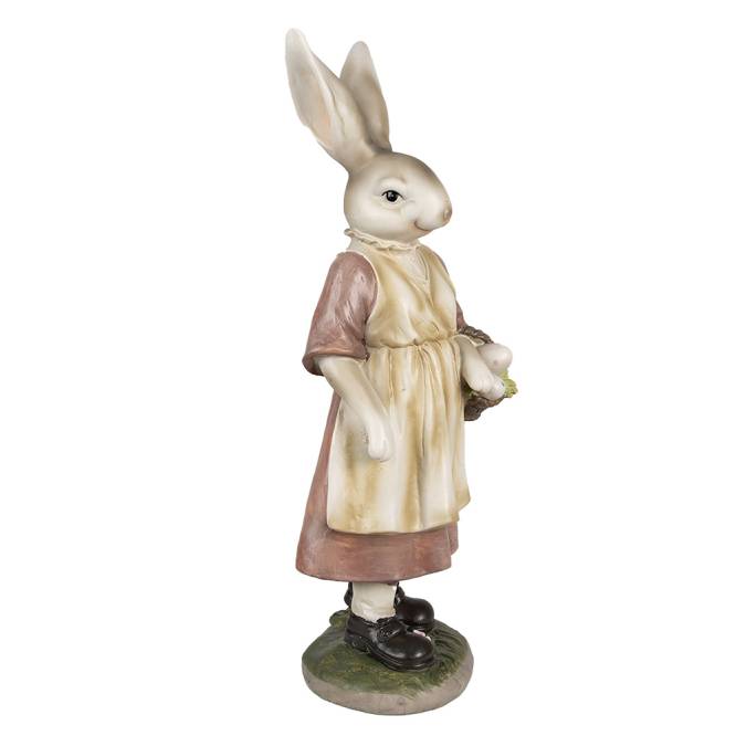 Decoratiune Pasti iepuras doamna in costum rustic, cu cos cu oua, 38 cm