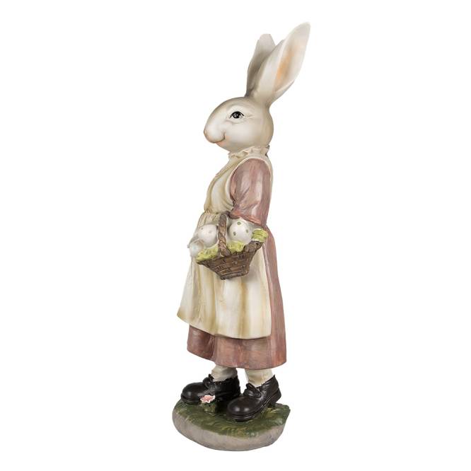 Decoratiune Pasti iepuras doamna in costum rustic, cu cos cu oua, 38 cm