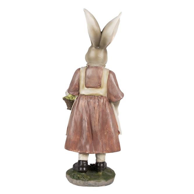 Decoratiune Pasti iepuras doamna in costum rustic, cu cos cu oua, 38 cm