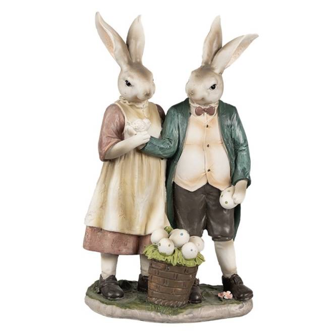 Decoratiune Pasti pereche de iepurasi in costume rustice 26 cm