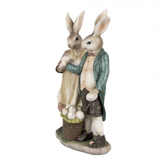 Decoratiune Pasti pereche de iepurasi in costume rustice 26 cm