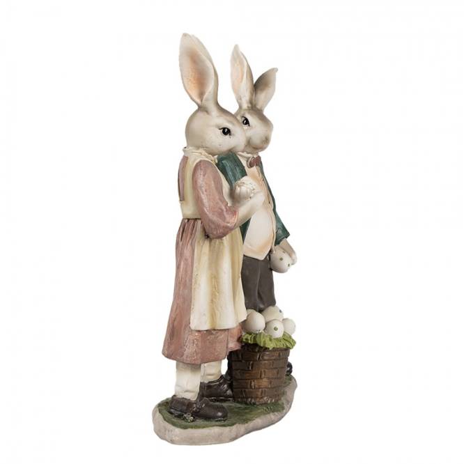 Decoratiune Pasti pereche de iepurasi in costume rustice 26 cm