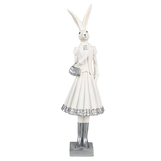 Decoratiune Pasti iepuras doamna in costum elegant alb cu argintiu, 31 cm