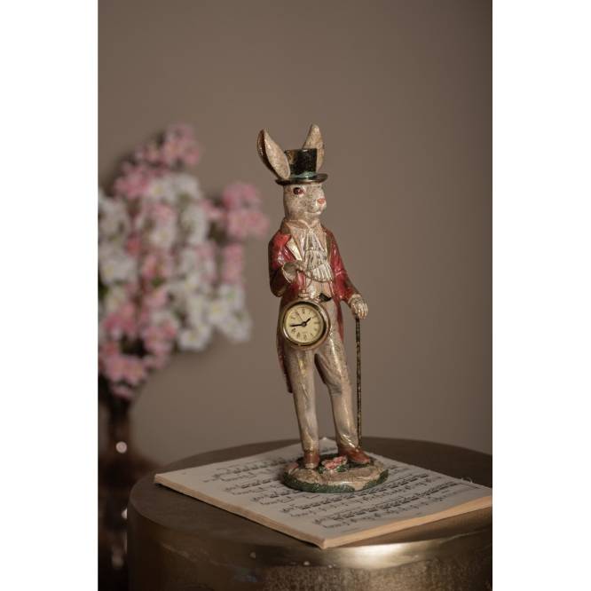Decoratiune Pasti iepuras cu ceas cu baterie, model antichizat 39 cm