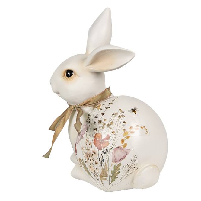 Decoratiune Pasti iepuras alb cu modele florale, 19 cm