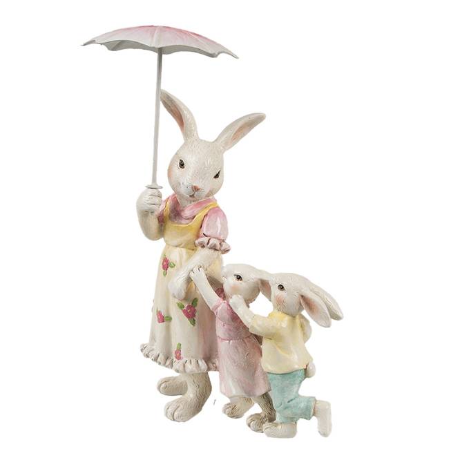 Decoratiune Pasti mama iepuras cu 2 copii sub umbreluta, 22 cm