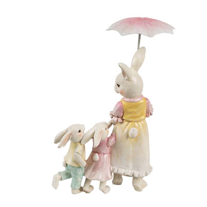 Decoratiune Pasti mama iepuras cu 2 copii sub umbreluta, 22 cm