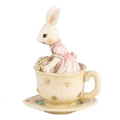 Decoratiune Pasti iepuras fetita cu buchet de flori in canuta, 11 cm