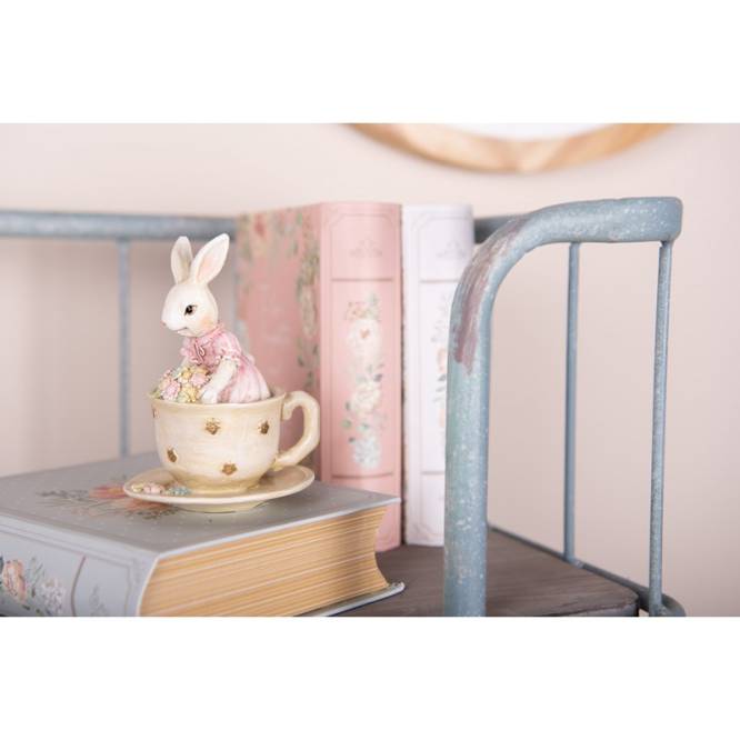 Decoratiune Pasti iepuras fetita cu buchet de flori in canuta, 11 cm