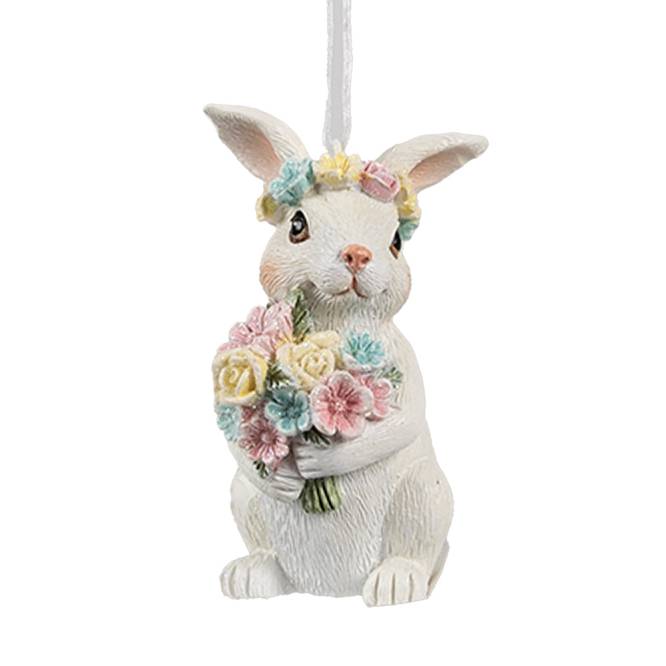 Decoratiune Pasti de agatat iepuras cu buchet de flori, 8 cm