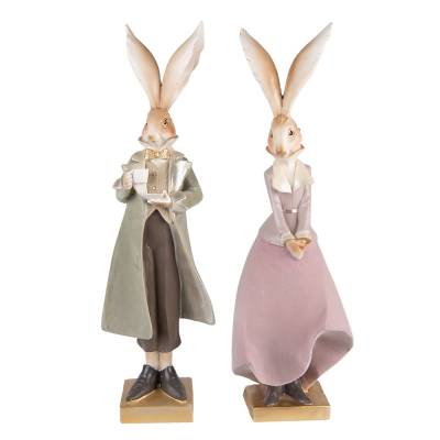 Set decoratiuni Paste Iepurasi cu hainute de catifea polirasina 47 cm