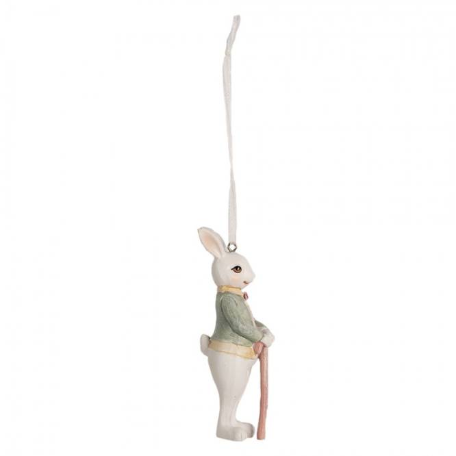 Figurina Pasti de agatat, iepuras alb cu costumas verde 10 cm