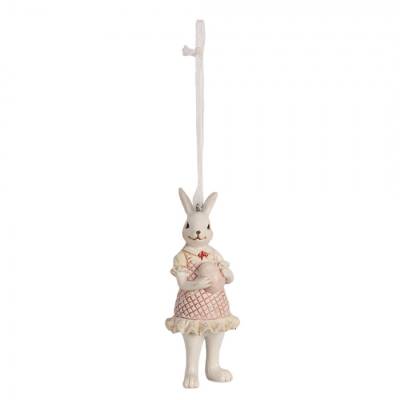 Figurina Pasti de agatat, iepuroaica alba cu rochita roz 10 cm