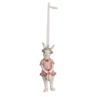 Figurina Pasti de agatat, iepuroaica alba cu rochita roz si palarie 10 cm