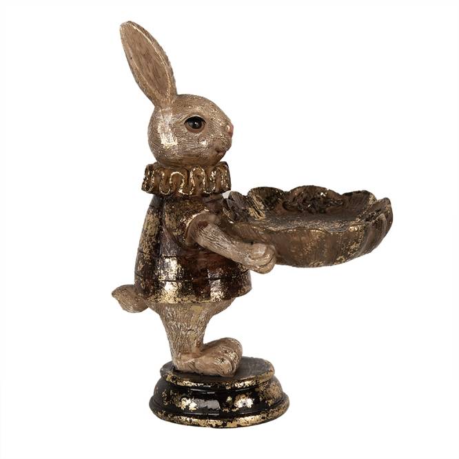 Decoratiune Pasti iepuras cu platou pentru dulciuri, model aramiu antichizat, 15 cm