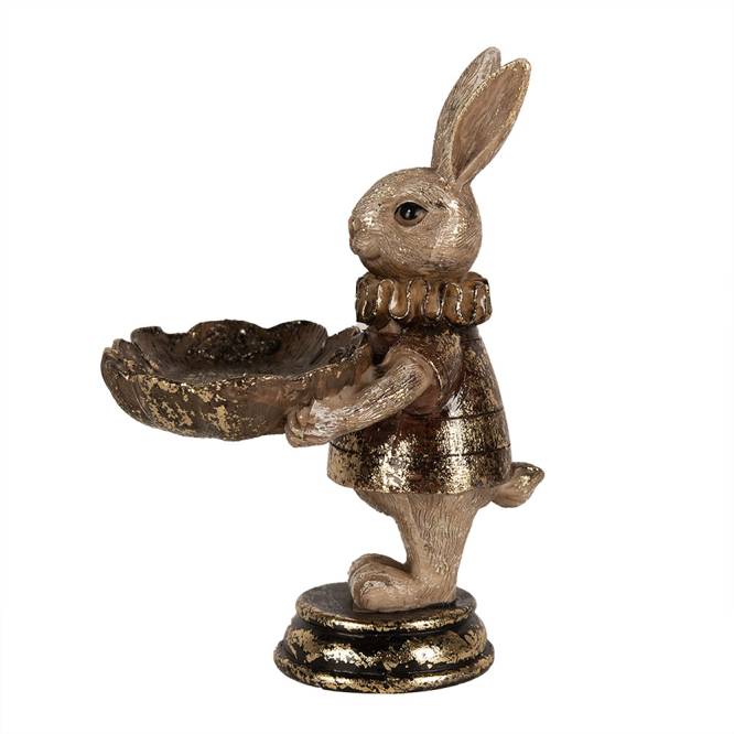 Decoratiune Pasti iepuras cu platou pentru dulciuri, model aramiu antichizat, 15 cm
