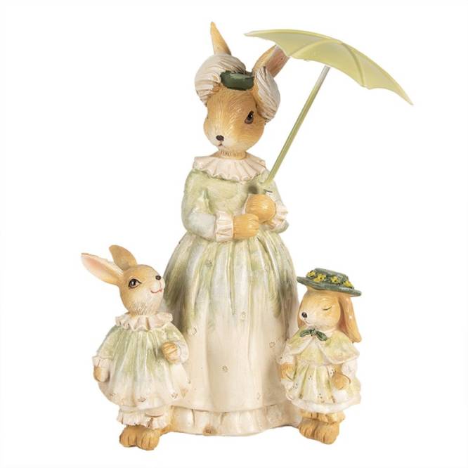 Decoratiune Pasti mama iepuroaica cu 2 puiuti sub umbreluta 21 cm