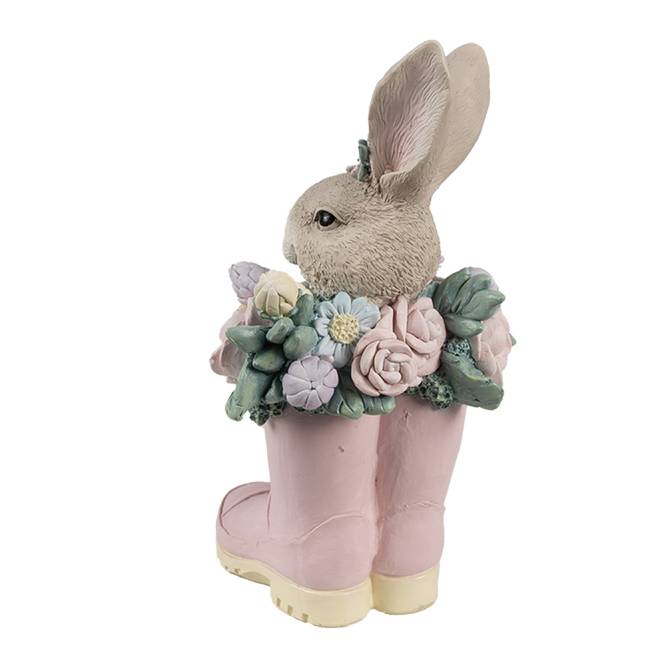 Decoratiune Pasti iepuras cu flori in cizmulite roz, 23 cm