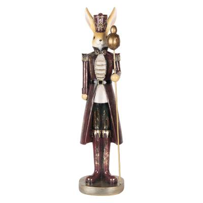 Decoratiune Pasti iepuras in costum visiniu de ofiter cu sceptru, 47 cm