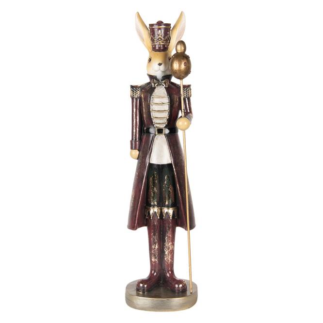 Decoratiune Pasti iepuras in costum visiniu de ofiter cu sceptru, 47 cm