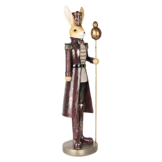 Decoratiune Pasti iepuras in costum visiniu de ofiter cu sceptru, 47 cm