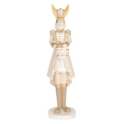 Decoratiune Pasti Doamna Iepuras in costum crem auriu de ofiter cu toba, 47 cm