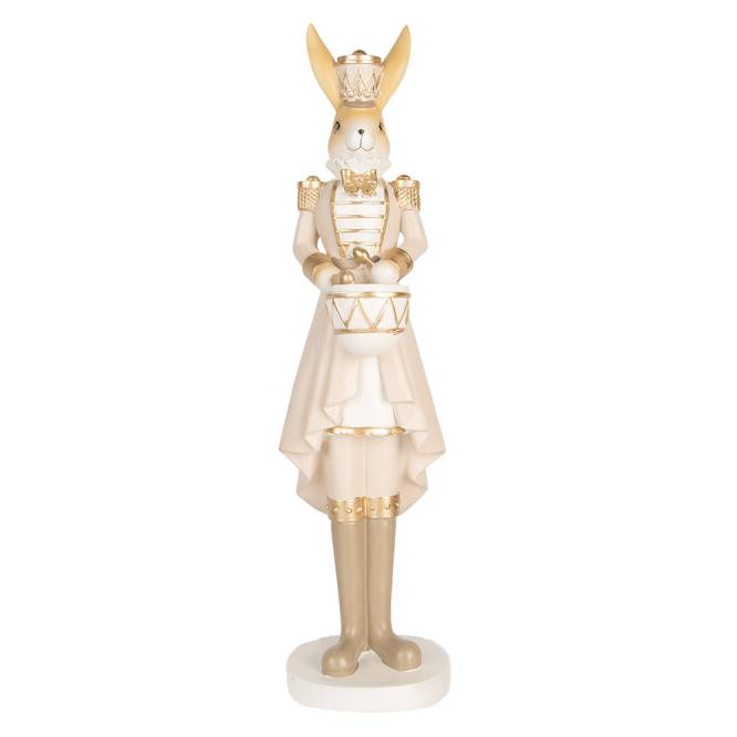 Decoratiune Pasti Doamna Iepuras in costum crem auriu de ofiter cu toba, 47 cm
