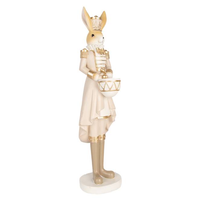 Decoratiune Pasti Doamna Iepuras in costum crem auriu de ofiter cu toba, 47 cm
