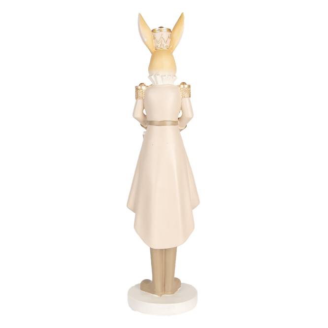 Decoratiune Pasti Doamna Iepuras in costum crem auriu de ofiter cu toba, 47 cm