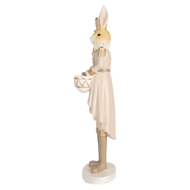 Decoratiune Pasti Doamna Iepuras in costum crem auriu de ofiter cu toba, 47 cm