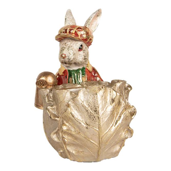 Decoratiune Pasti iepuras cu ghiveci pentru flori, model antichizat, 30 cm