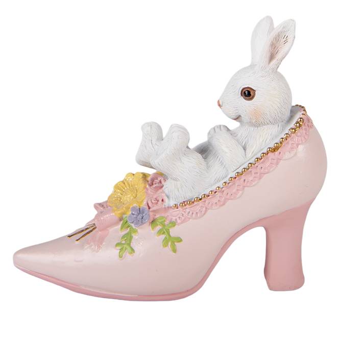 Decoratiune Pasti iepuras alb in pantofior roz, 12 cm