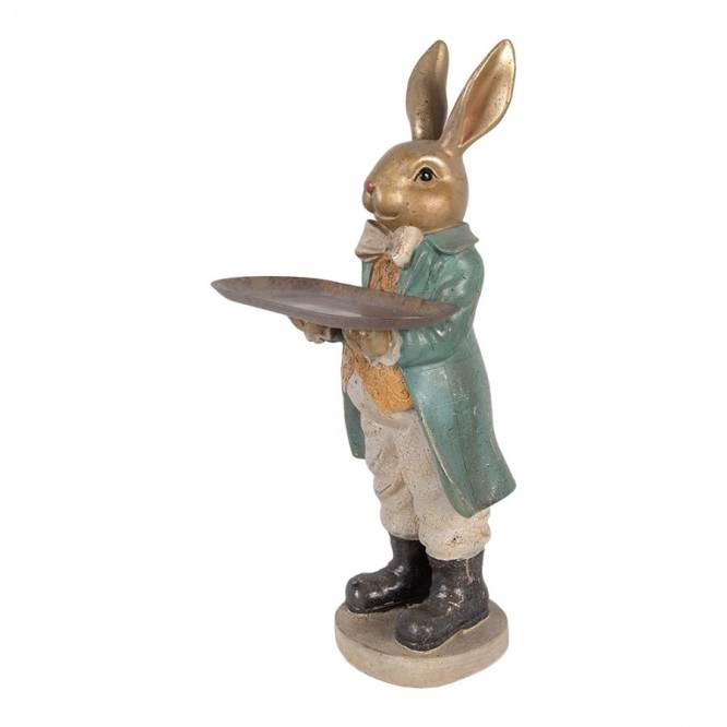 Decoratiune Pasti iepuras elegant cu platou pentru dulciuri, model antichizat, 46 cm