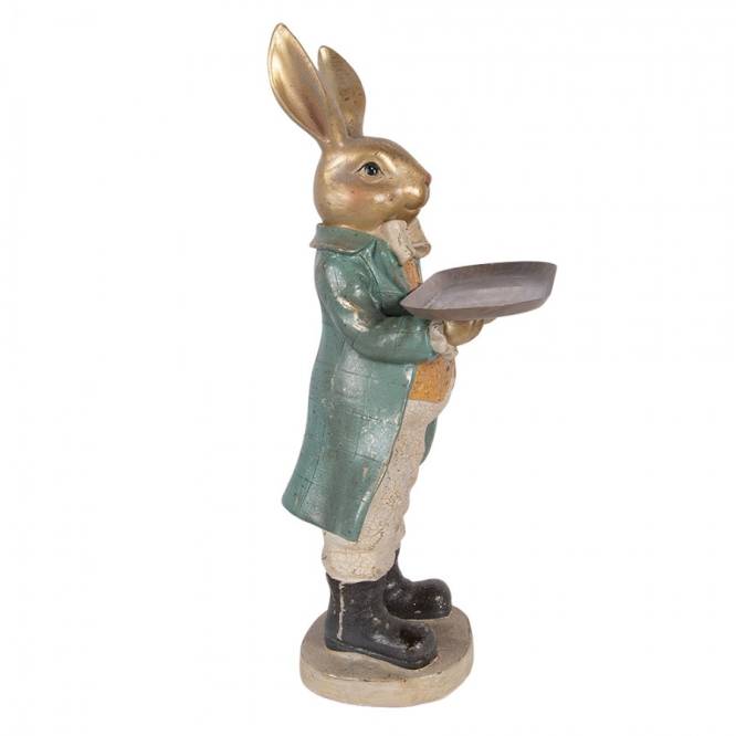 Decoratiune Pasti iepuras elegant cu platou pentru dulciuri, model antichizat, 46 cm